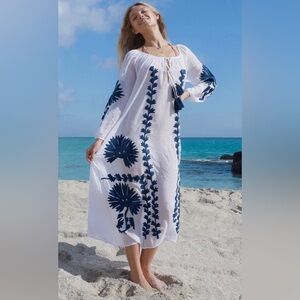 Dolma cotton embroidered,white and navy blue translucent dress Size Small